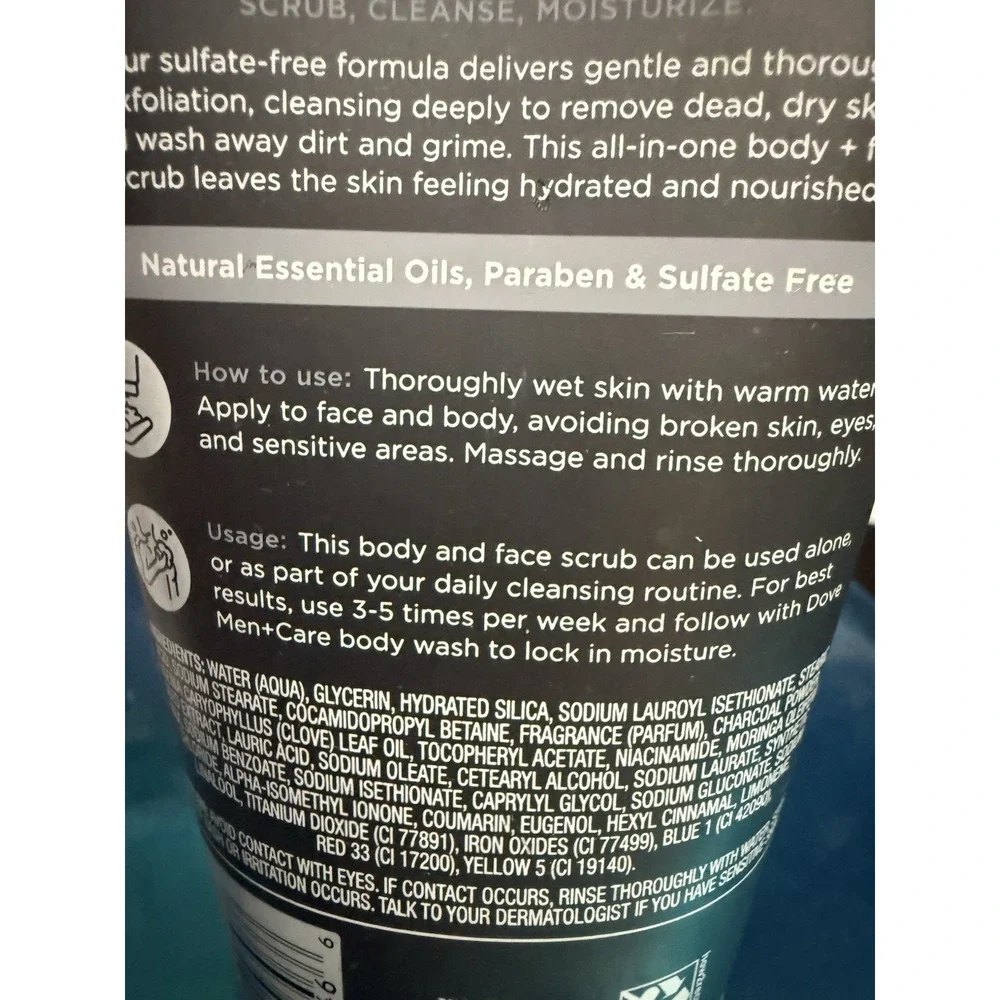 DOVE MEN + CARE Body and Face Scrub Charcoal & 9 Ounce (Pack of 1), Grey